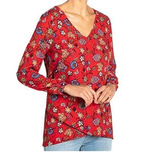 Chelsea Theodore Red Green Blue Paisley Floral V-Neck Crossbody op Blouse XL